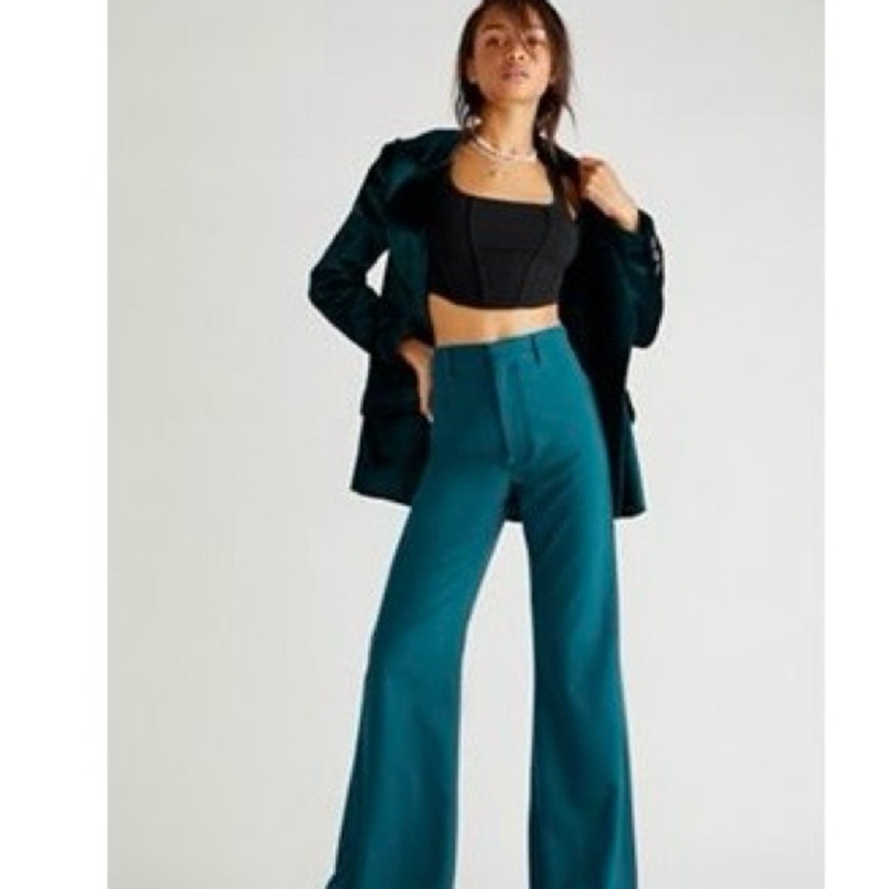 Free People Teal Wide-Leg Trousers High Waisted "Isabella Pants"